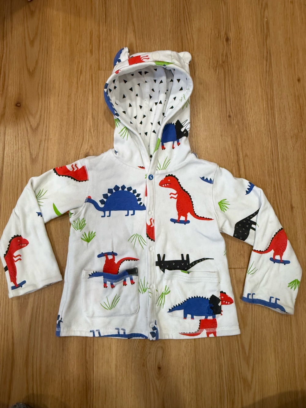 Joules White Hooded Pajama Set with Red & Blue Dinosaurs